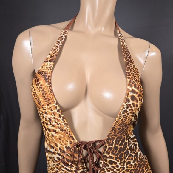 Y2K One Piece high Cut Leopard Print Swimsuit Womens Size S Deep V Lace Up - Picture 2 of 11